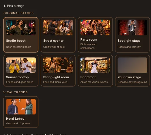 The stage picker with original stages and the Hotel Lobby viral trend