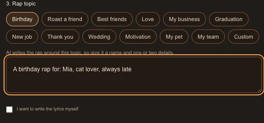 The rap topic box filled in after tapping the Birthday quick start