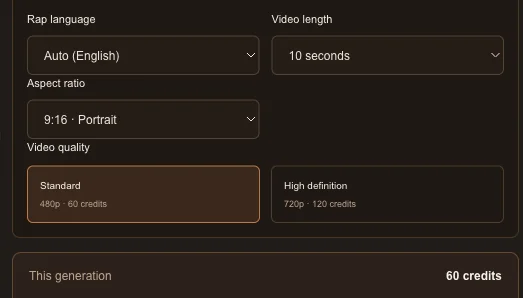 Settings opened, showing length, shape, quality and the credit cost