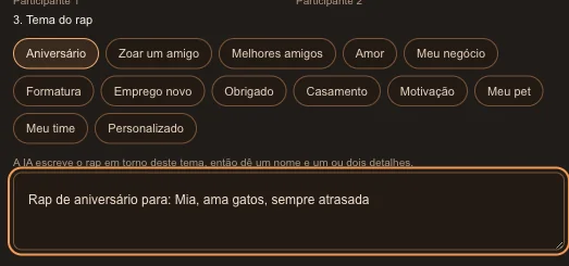 O campo de tema do rap preenchido depois de tocar no atalho Aniversário