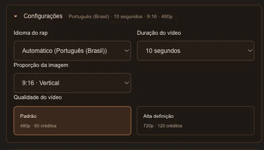 Configurações abertas, mostrando duração, formato, qualidade e o custo em créditos