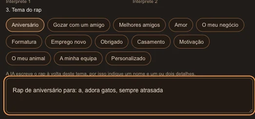 A caixa do tema do rap preenchida depois de tocar no atalho Aniversário