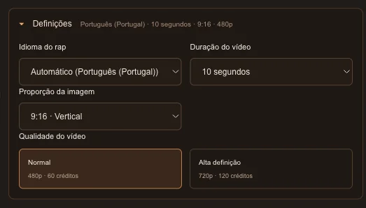 Definições abertas, com duração, formato, qualidade e o custo em créditos